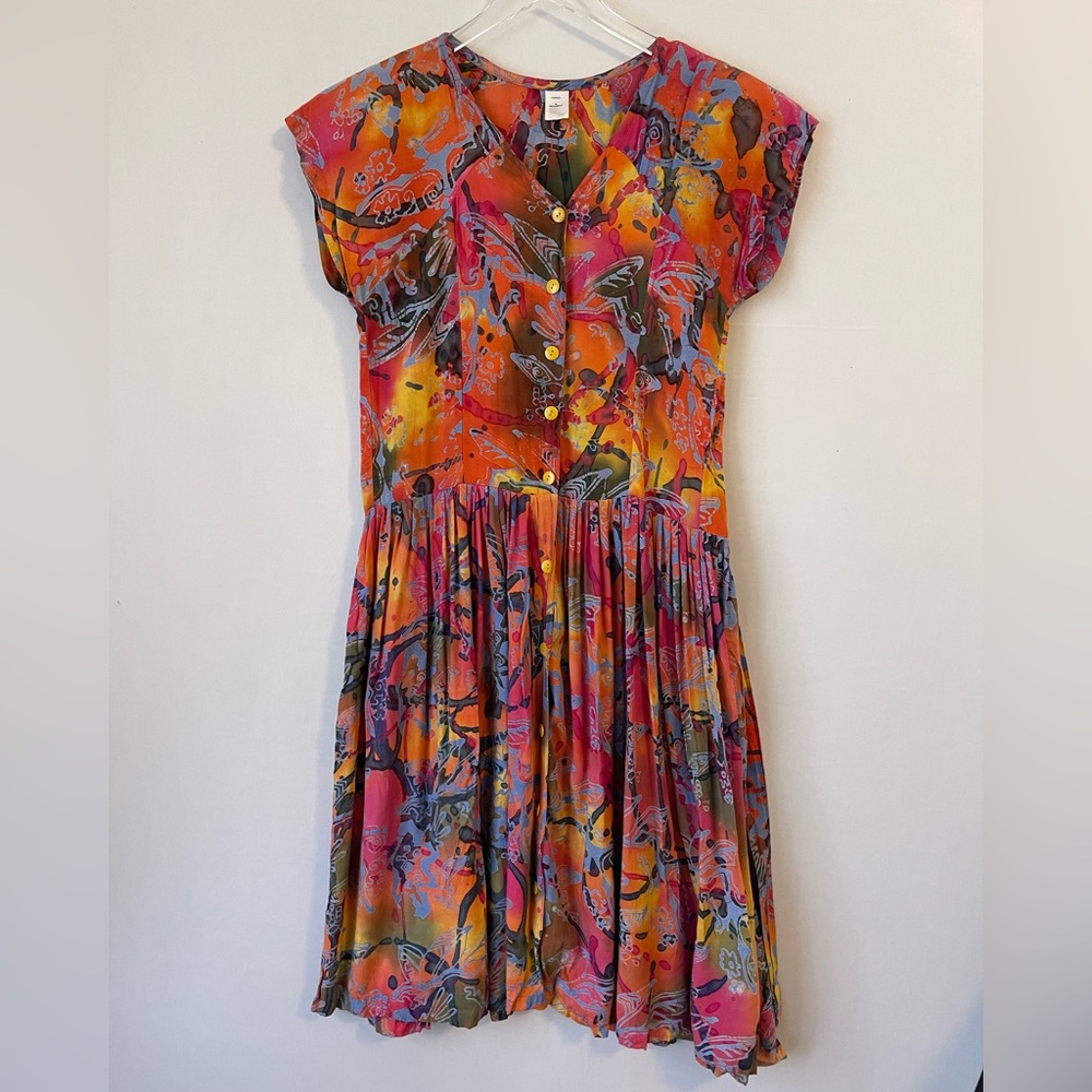 Floral Orange & Pink Button-Front Midi Dress